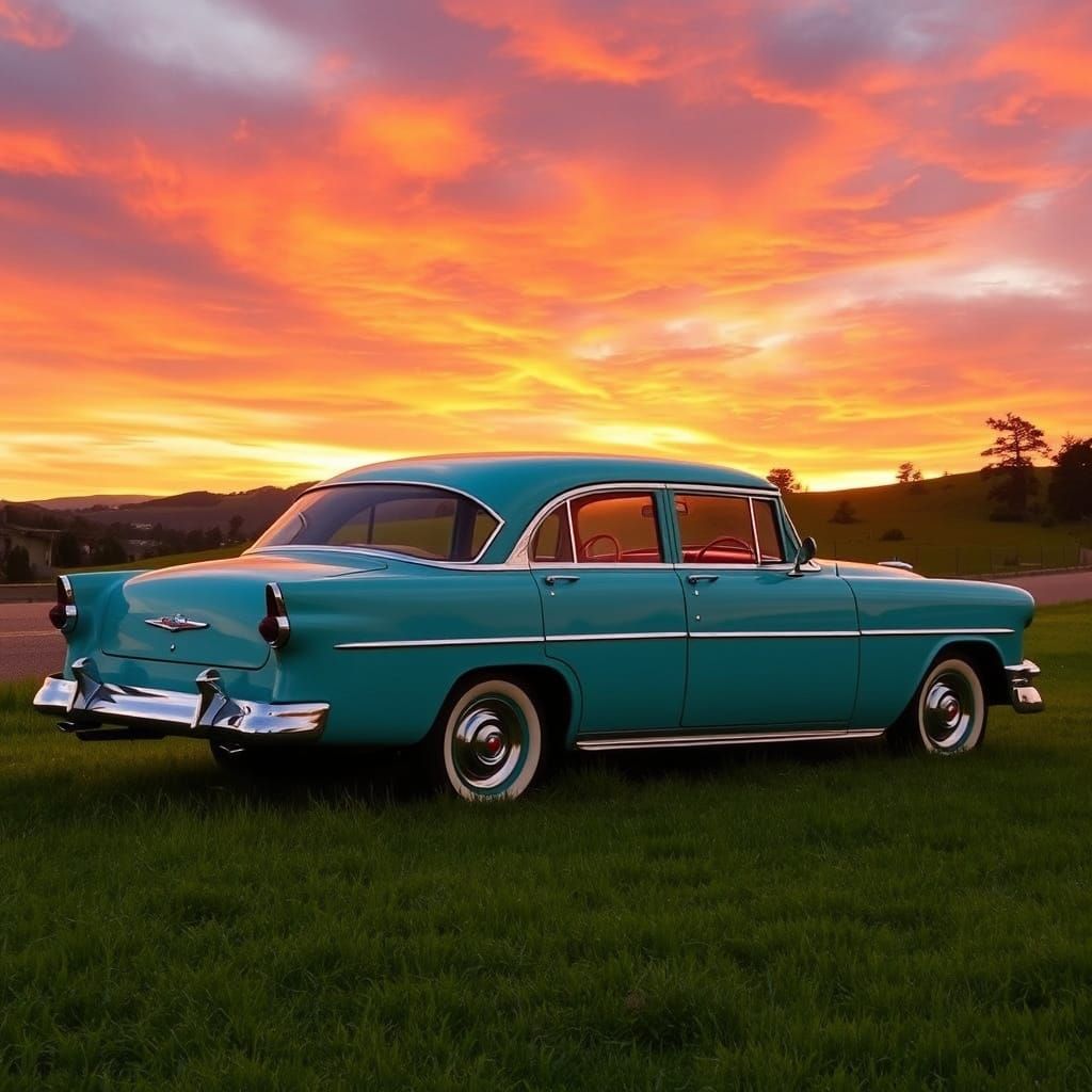Vintage Turquoise Sedan Basks in Warm Sunset Glow