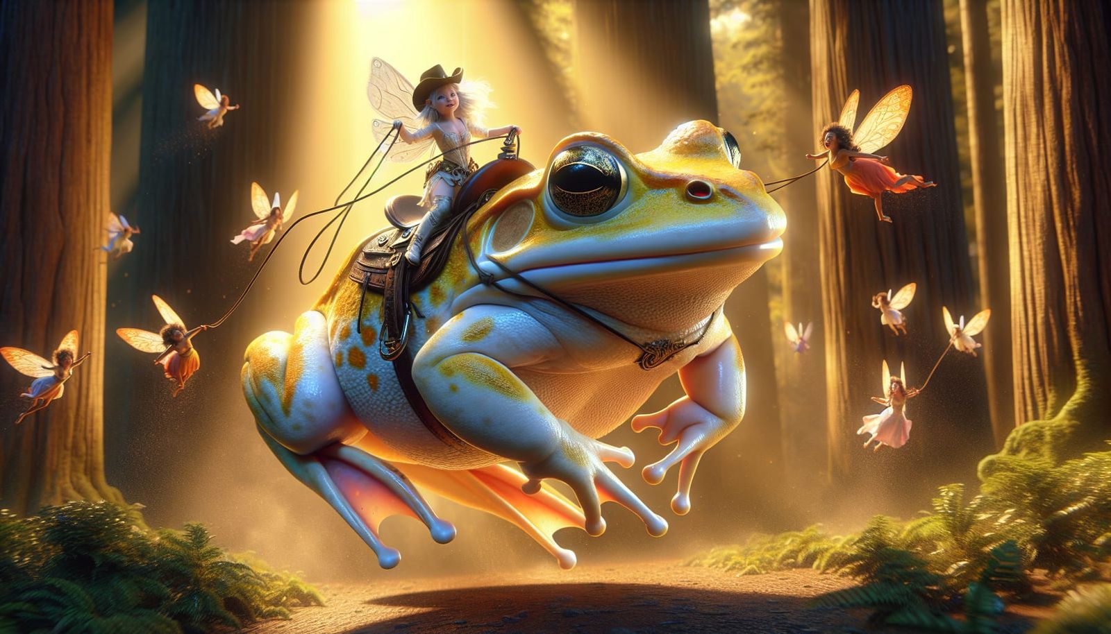 Fairy Cowgirl Rides Golden Frog in Forest
