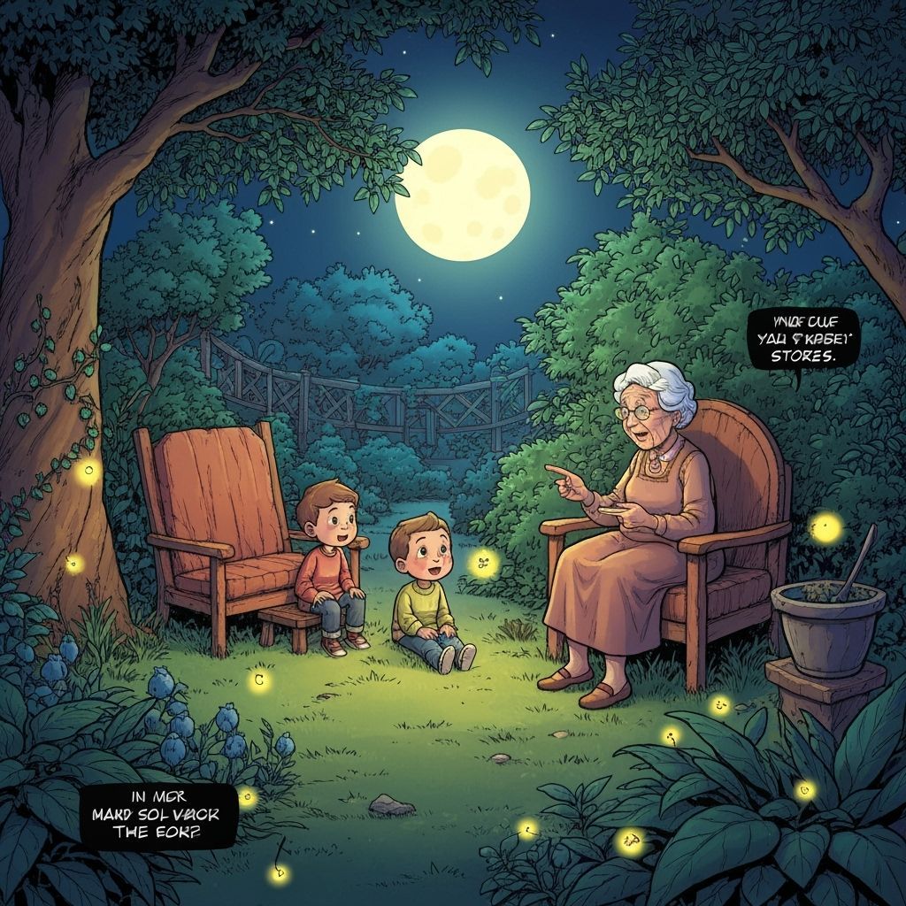 Grandmother Tells Stories in Moonlit Garden