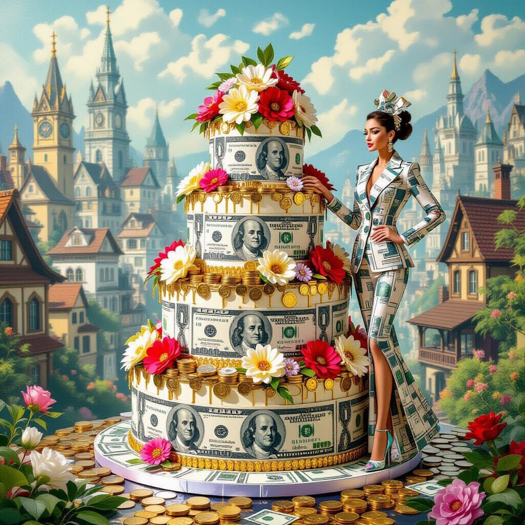 Impressionist Money Cake in Fantastical Cityscape