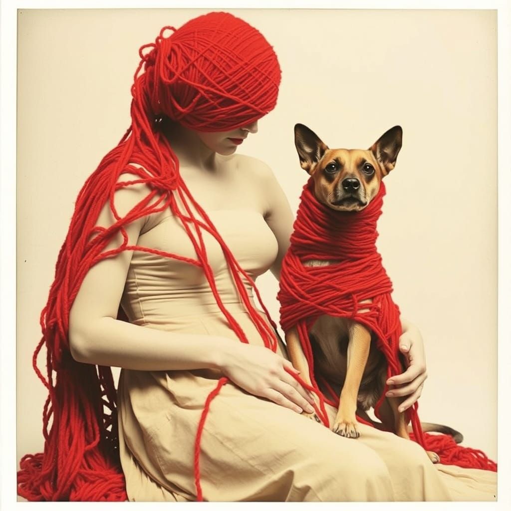 Woman and Dog Wrapped in Red Yarn