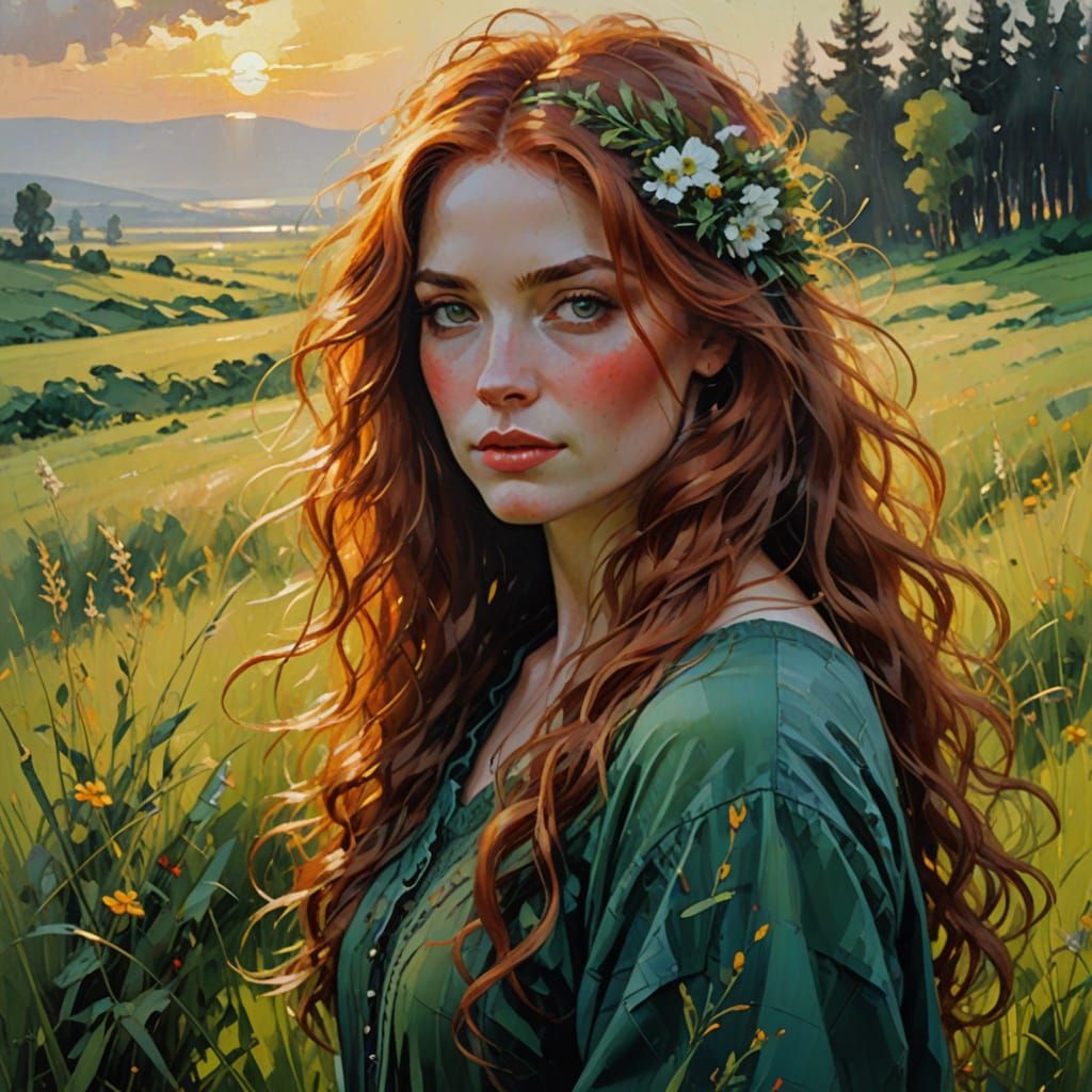 Willowy Norse Goddess in Post-Impressionist Sunset Glow