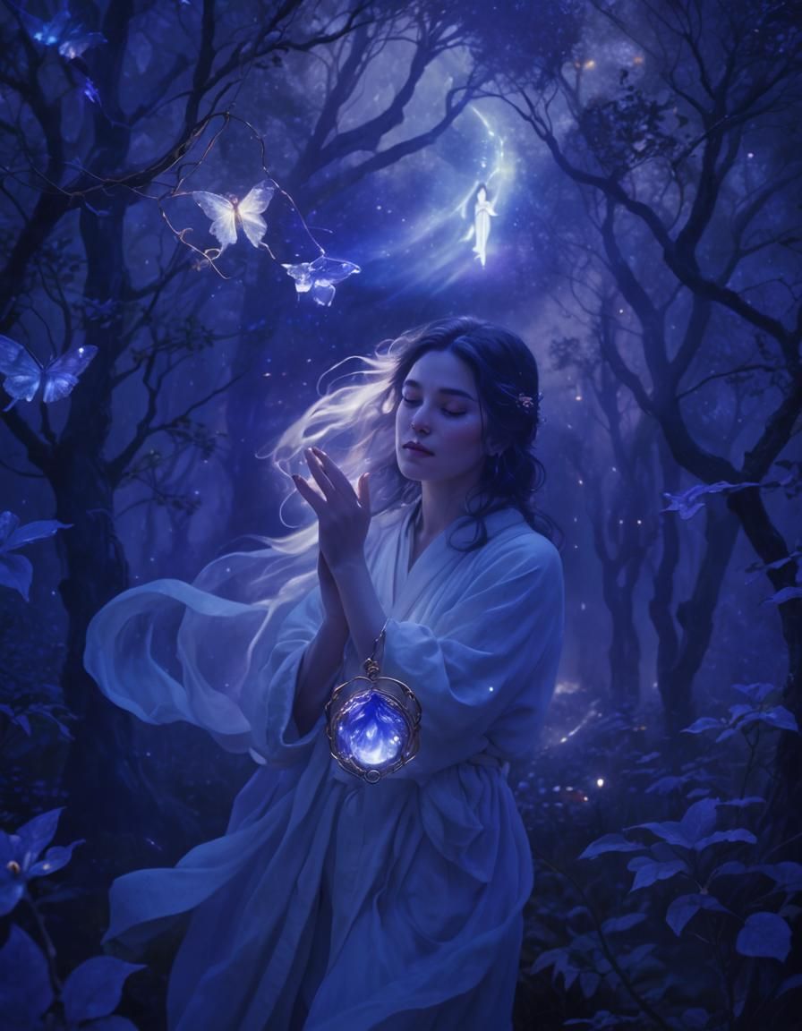 Woman with Tanzanite Pendant in Ethereal Style