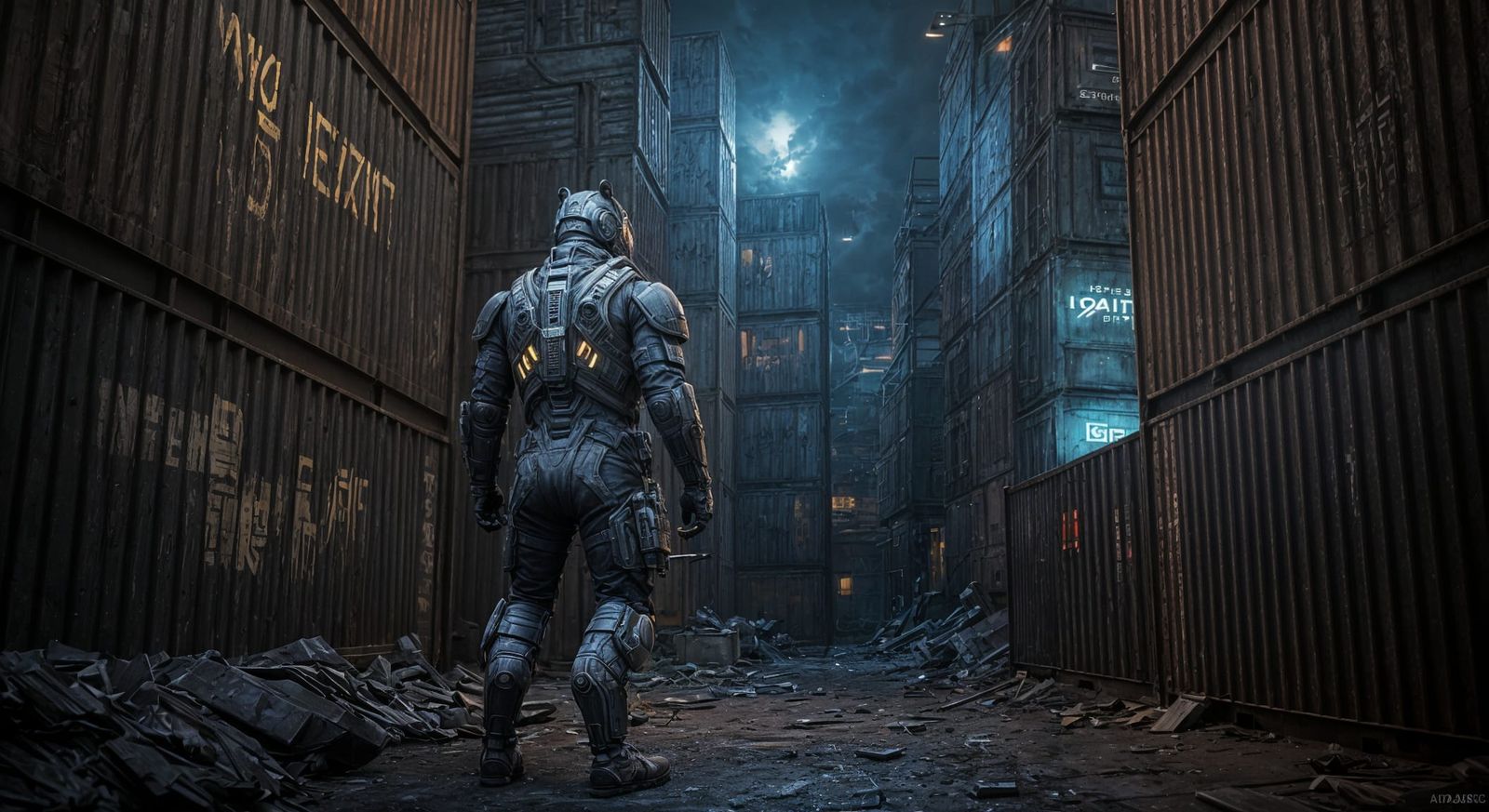 Furry Soldier in Cyberpunk Shipping Container Yard