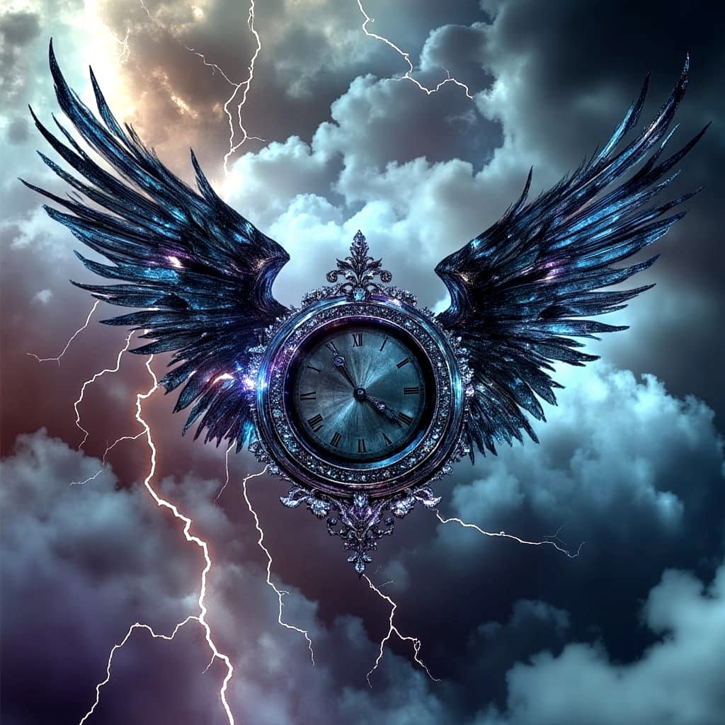 Winged Clock Soaring Through Gothic Storm