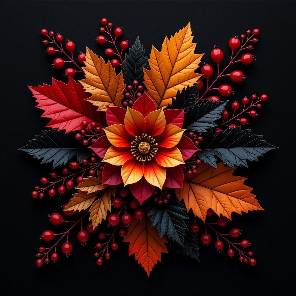 Dark Fantasy Autumn Still Life with Intricate Botanical Deta...