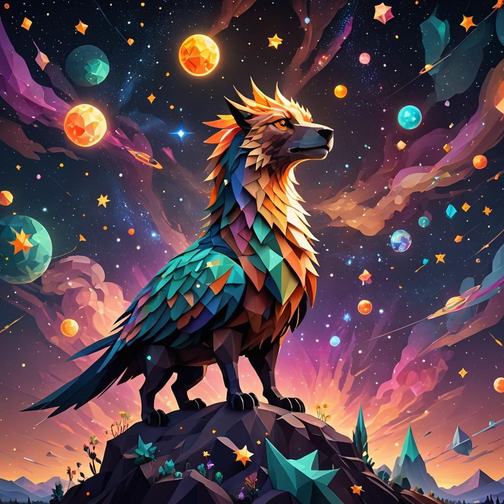 Fantastical Creature in Starry Low-Poly Art