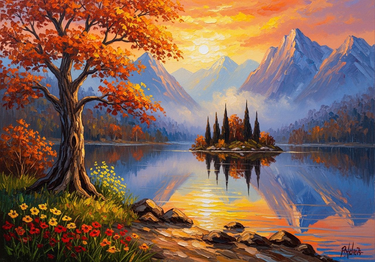 Autumn Mountain Lake Sunset Oil Painting with Fiery Foliage