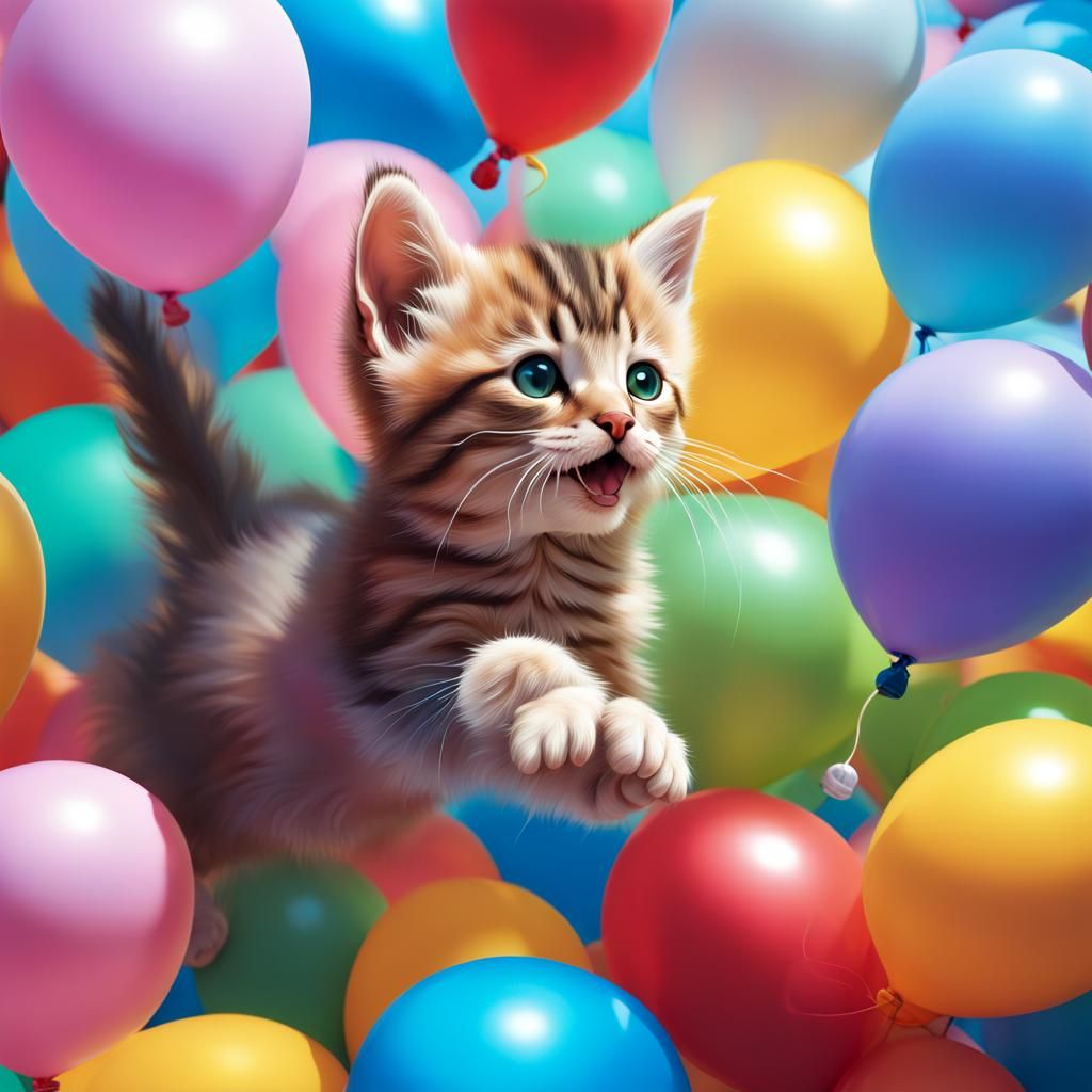Kitten's Balloon Flight: Hyperrealistic Splash Art