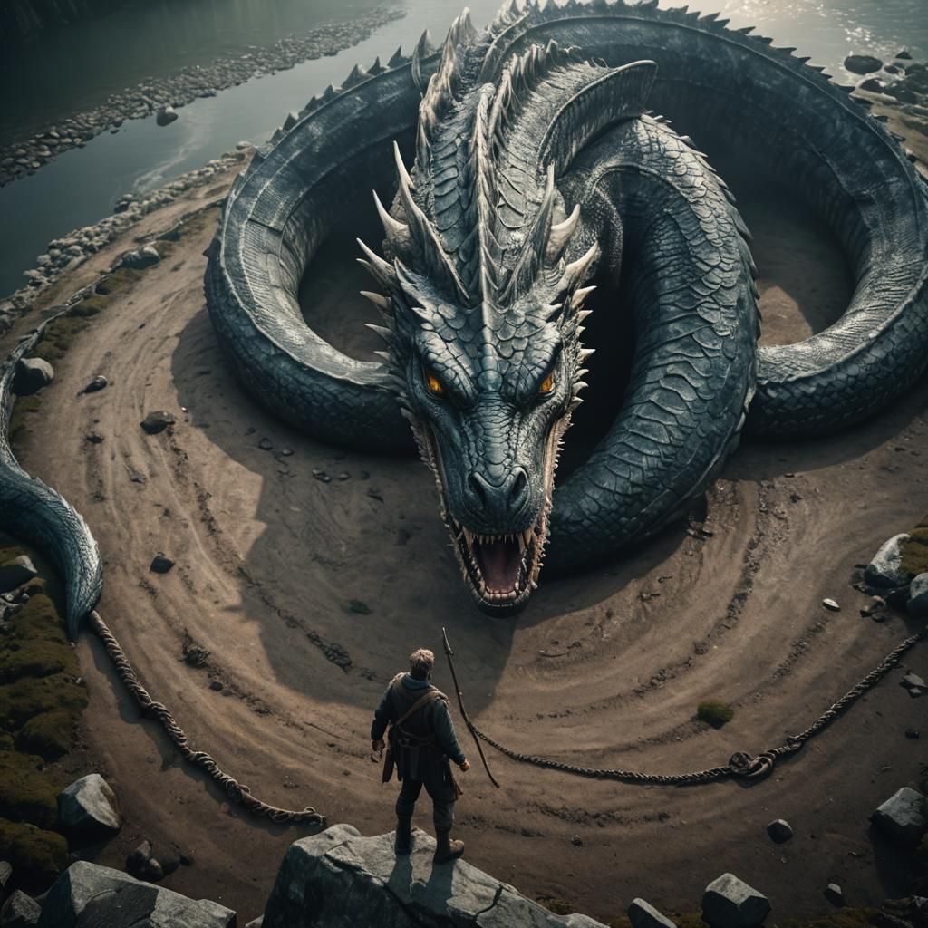 Epic Confrontation: Man Faces Jörmungandr in Cinematic Style