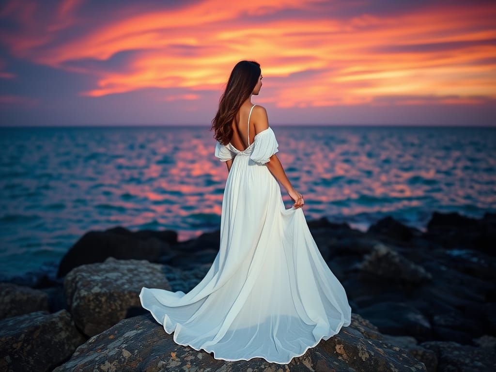 Woman on Rocky Shore at Sunset