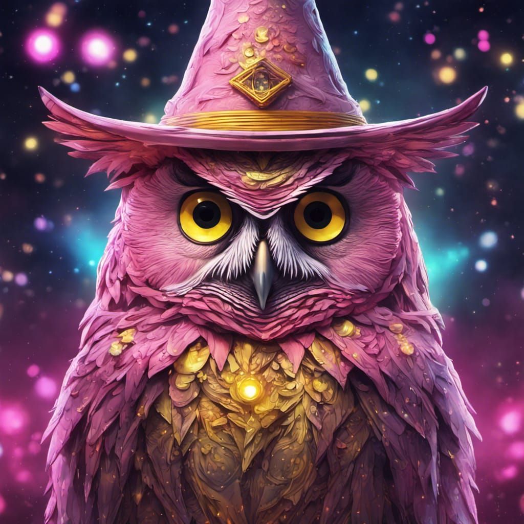 Whimsical Owl Wizard in Synthwave Retro Style