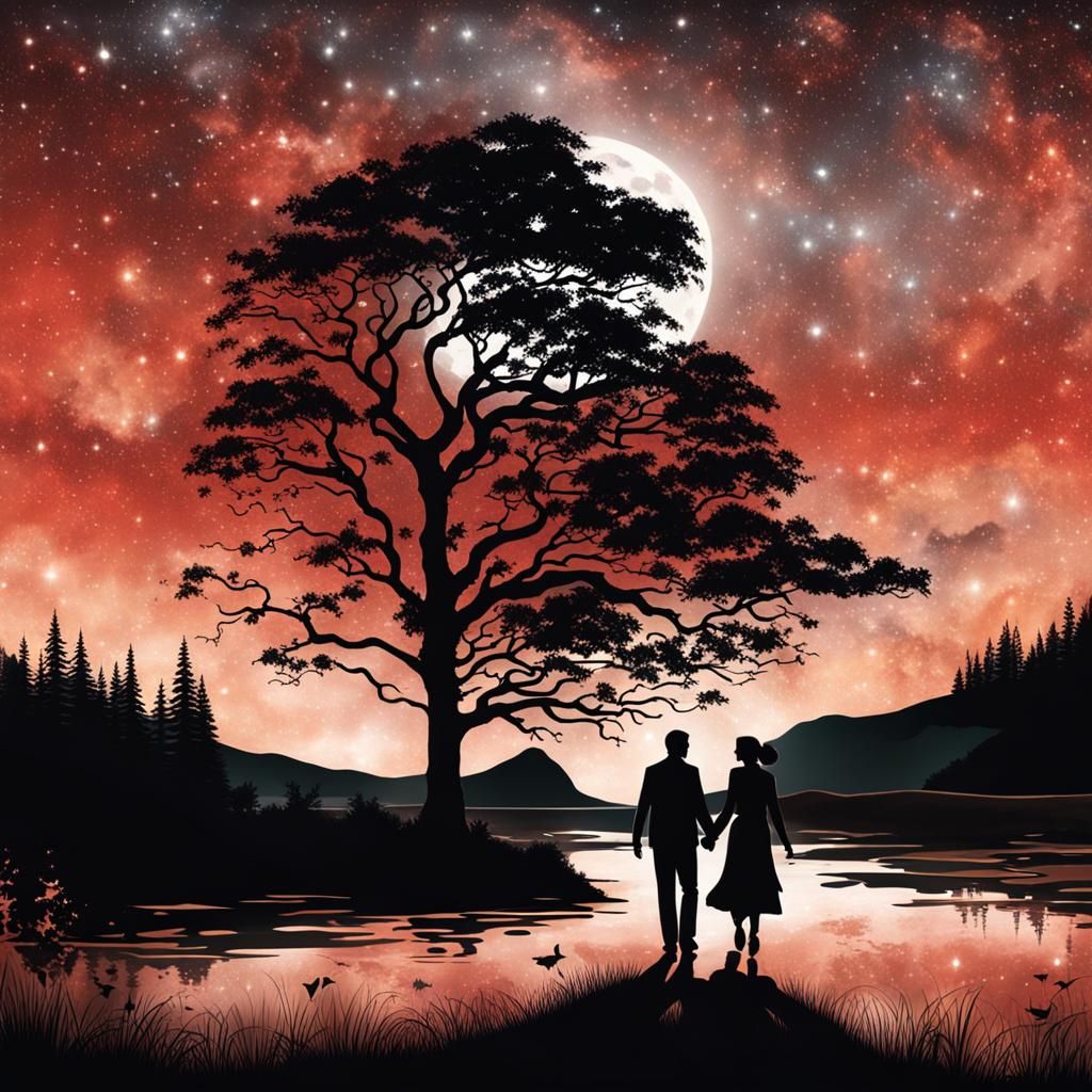 Romantic Sunset: Couple Silhouettes Walking Hand-in-Hand