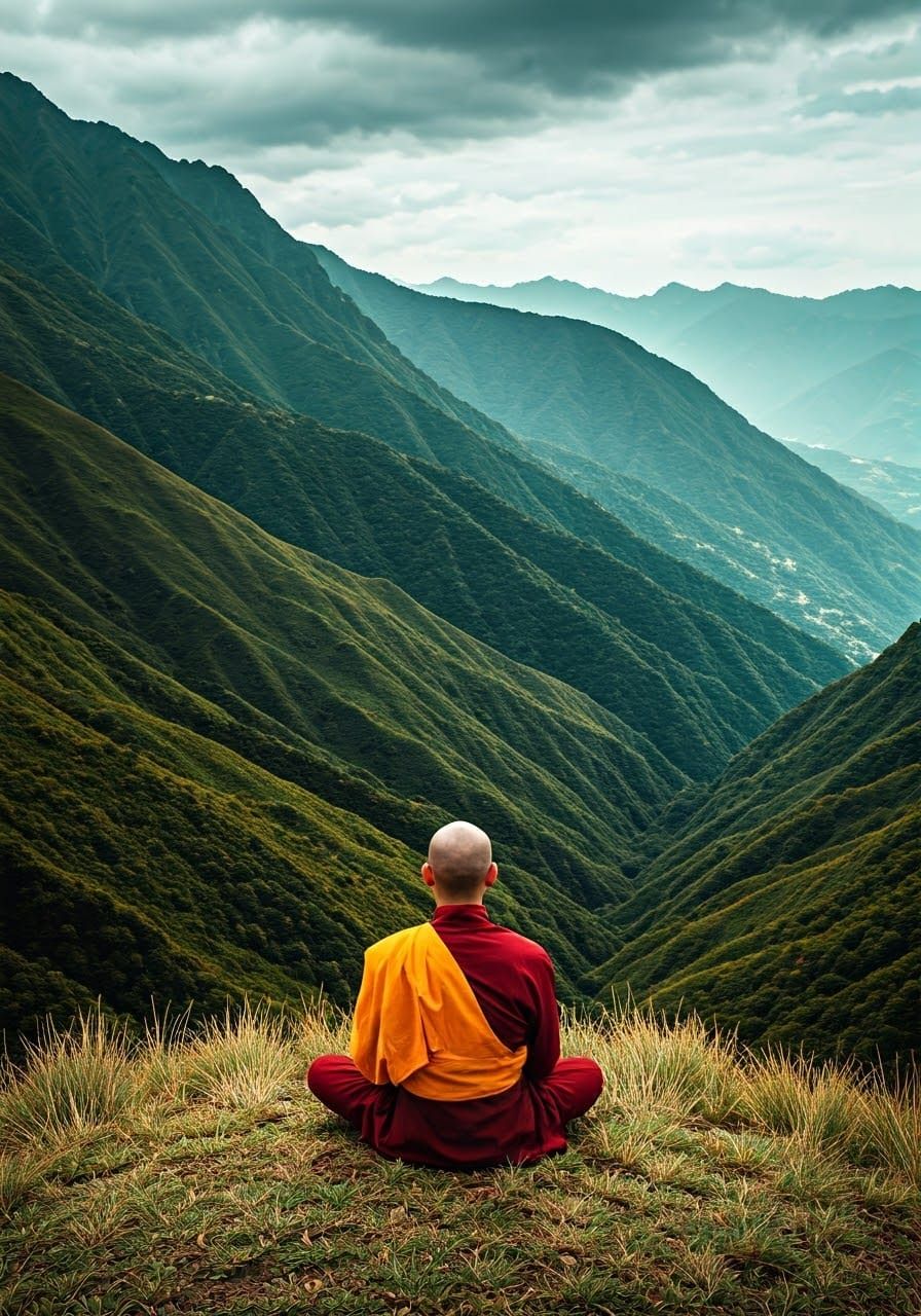 Buddhist Monk in Himalayan Landscape