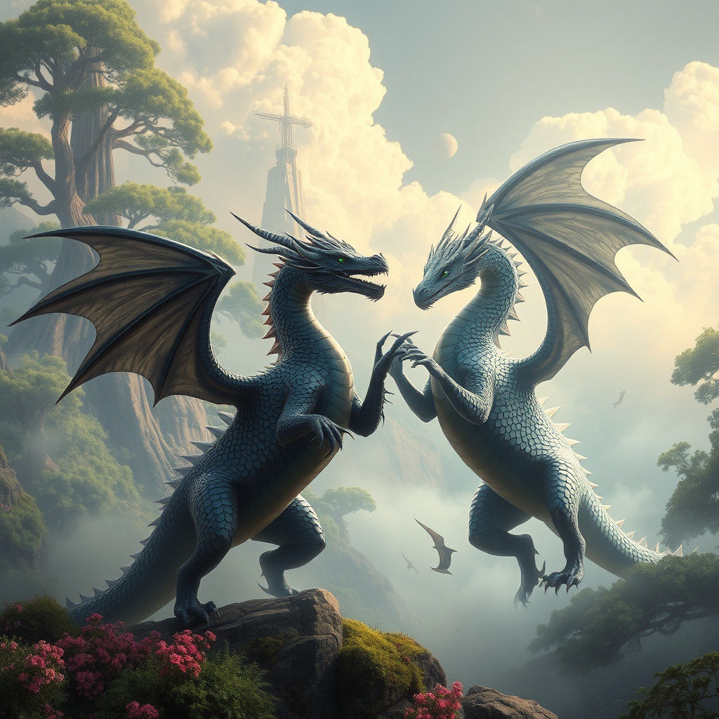Dragons Play-Fighting in Mystical Landscape: Matte Painting