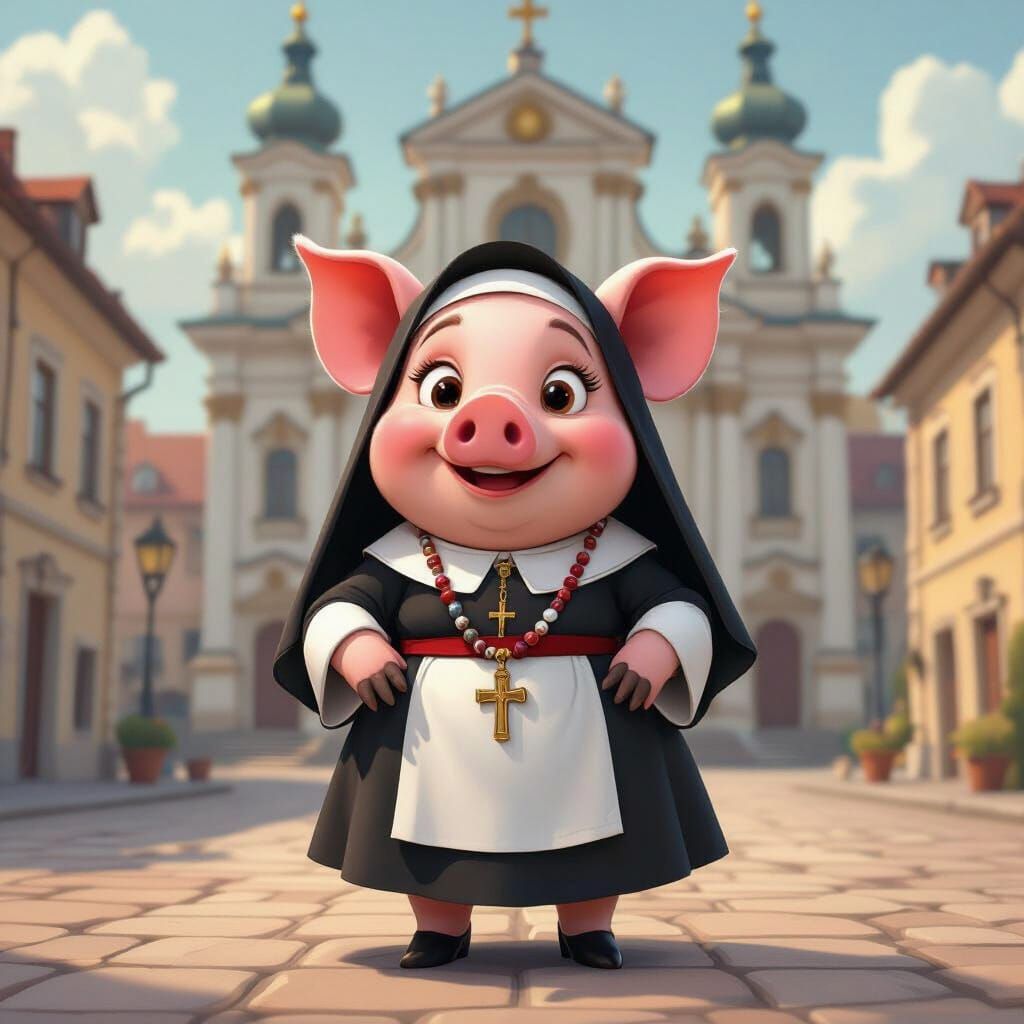 Whimsical Pig Nun Before Baroque Church in Cartoon Style