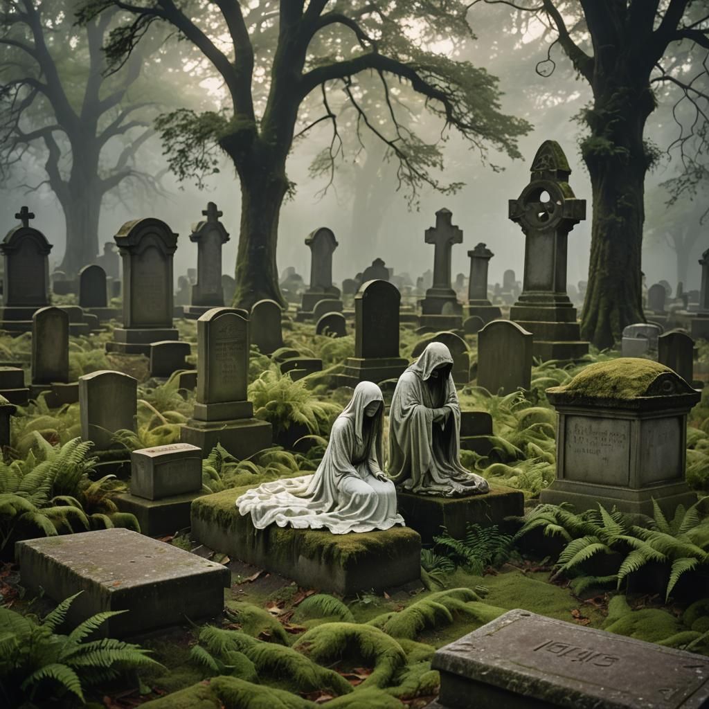 Ethereal Ghost Weeping in Graveyard at Golden Hour