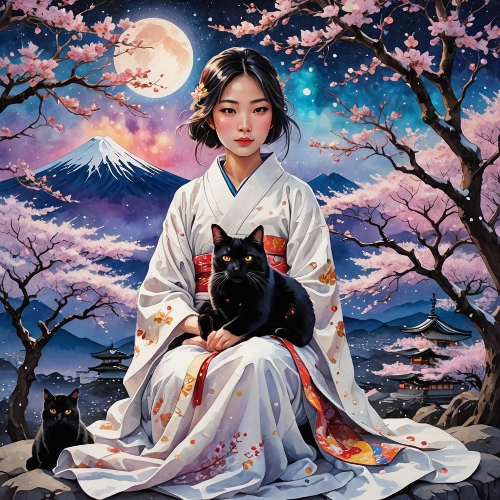 Cosmic Japanese Girl with Cat and Fuji in Surreal Style