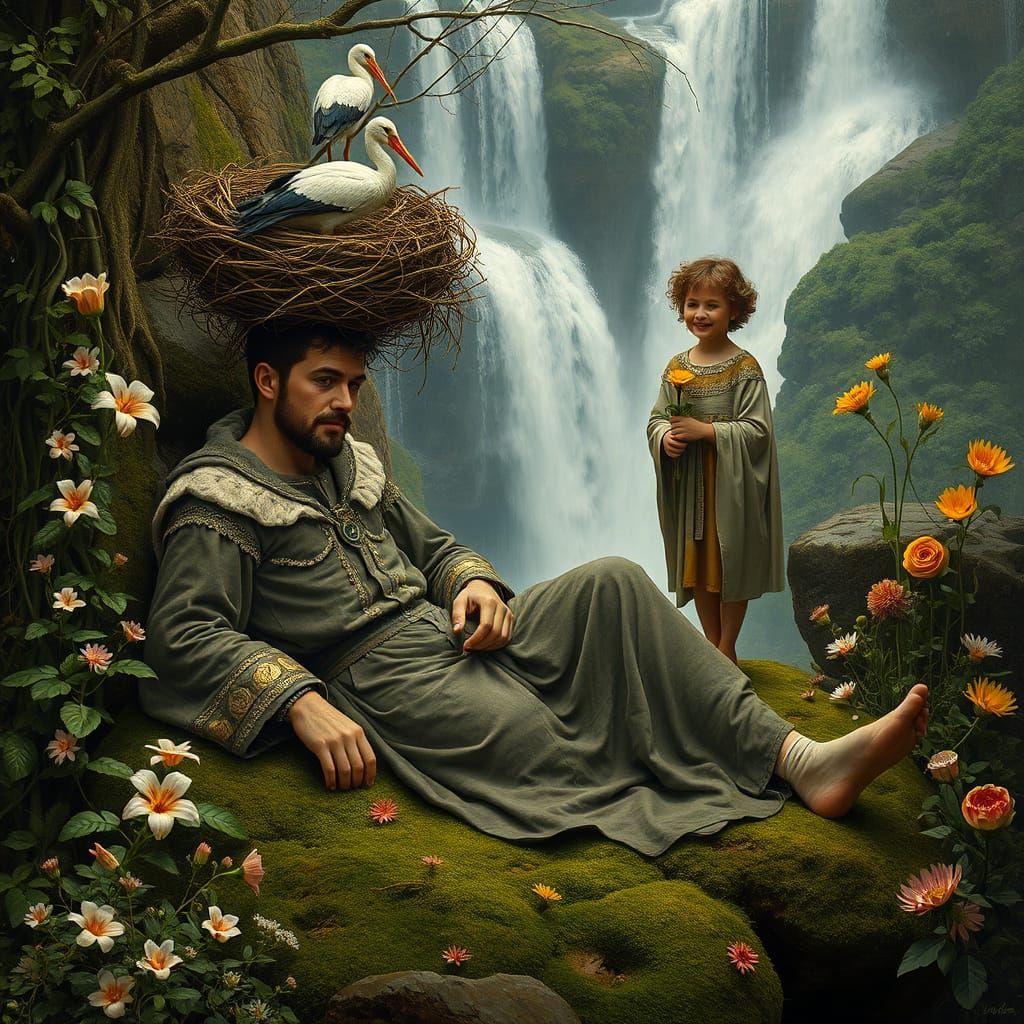 Surreal Prince with Stork Nest, Detailed Photo