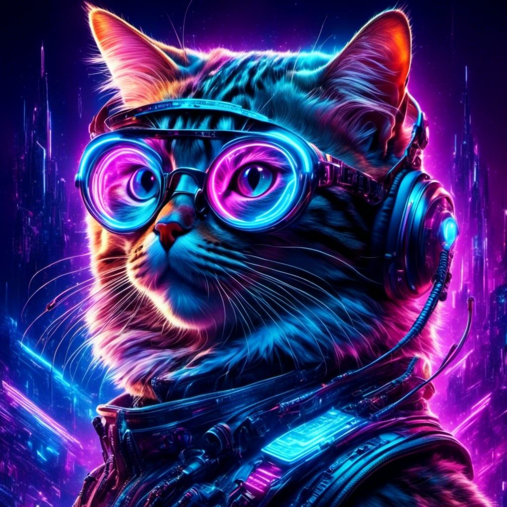 Cyberpunk Cat on Hoverboard in Cyberspace