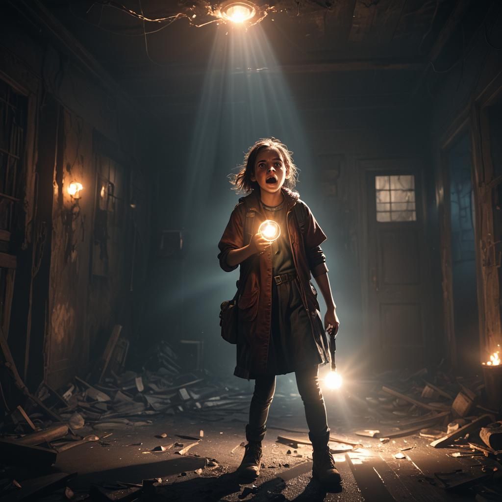 Horrified Girl with Flashlight in Dark Room