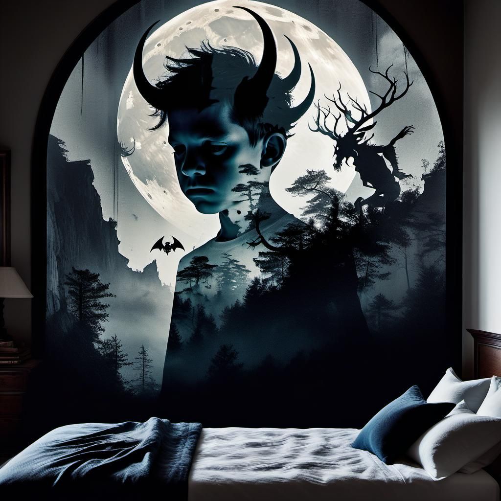 Double Exposure: Demon Within Boy, Ink Drawing