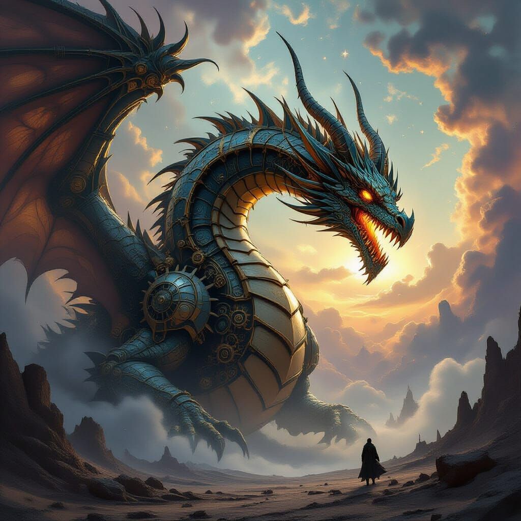 Clockwork Dragon Emerges From Cosmic Nebula in Dark Fantasy ...