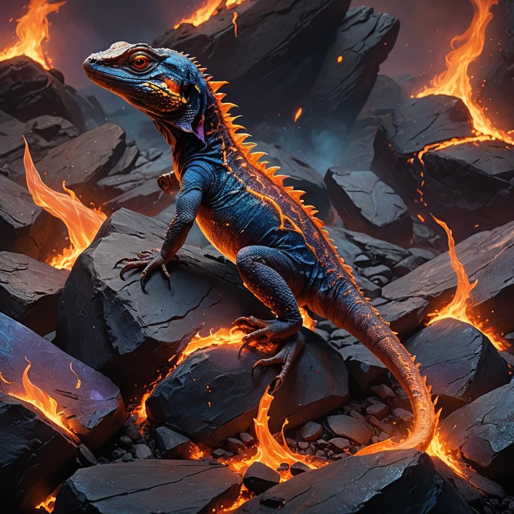 Fire Lizard on Black Rock in Matte Painting Style