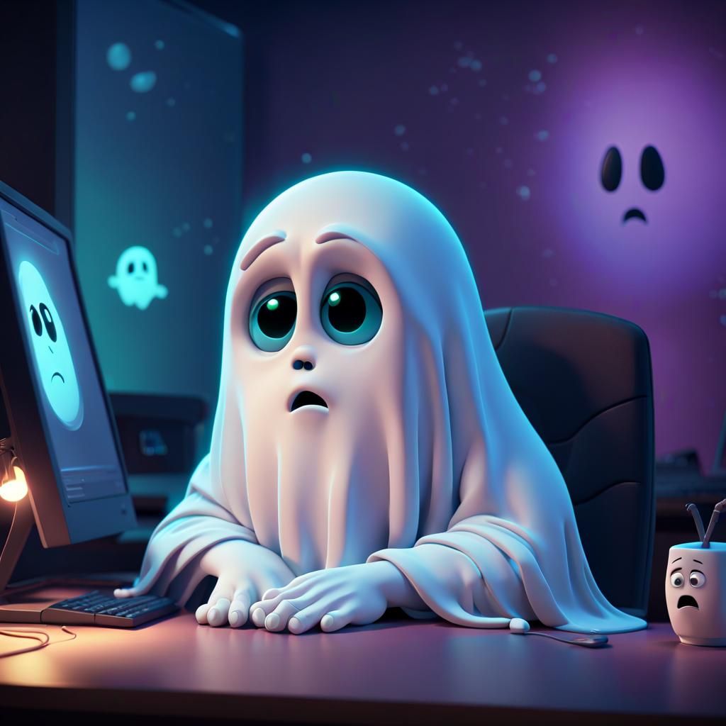 Sad Cartoon Ghost at Computer in 3D Digital Art