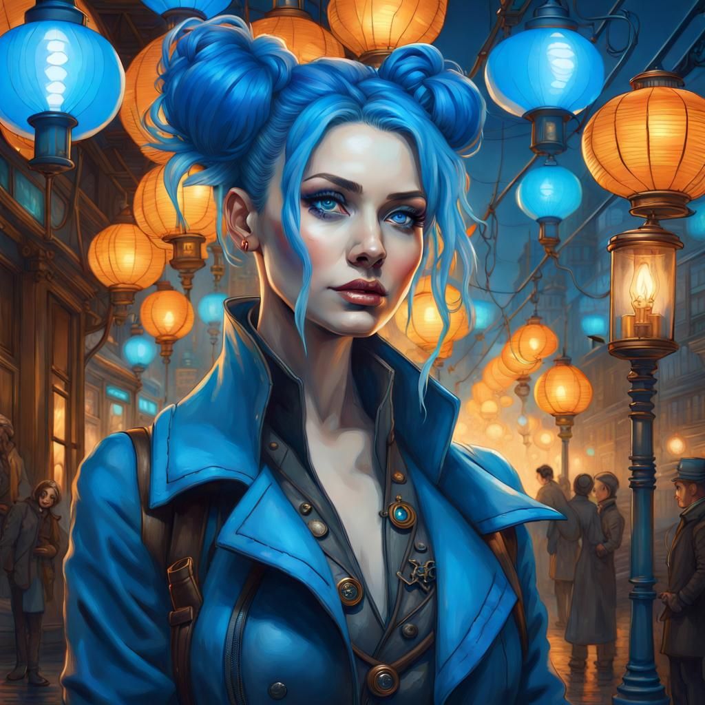 Steampunk Woman with Blue Lanterns Portrait