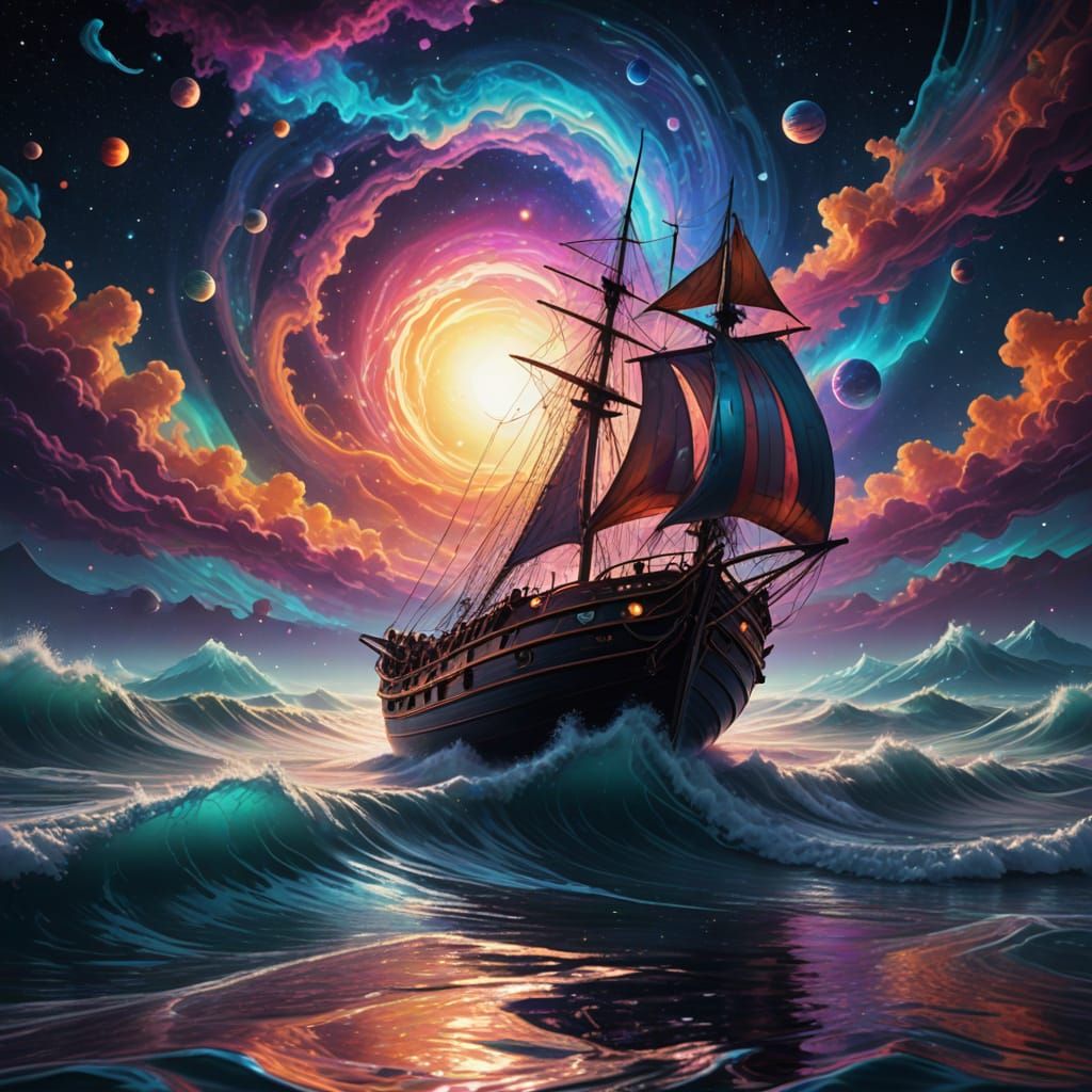 Full sail dinghy on alien  seas