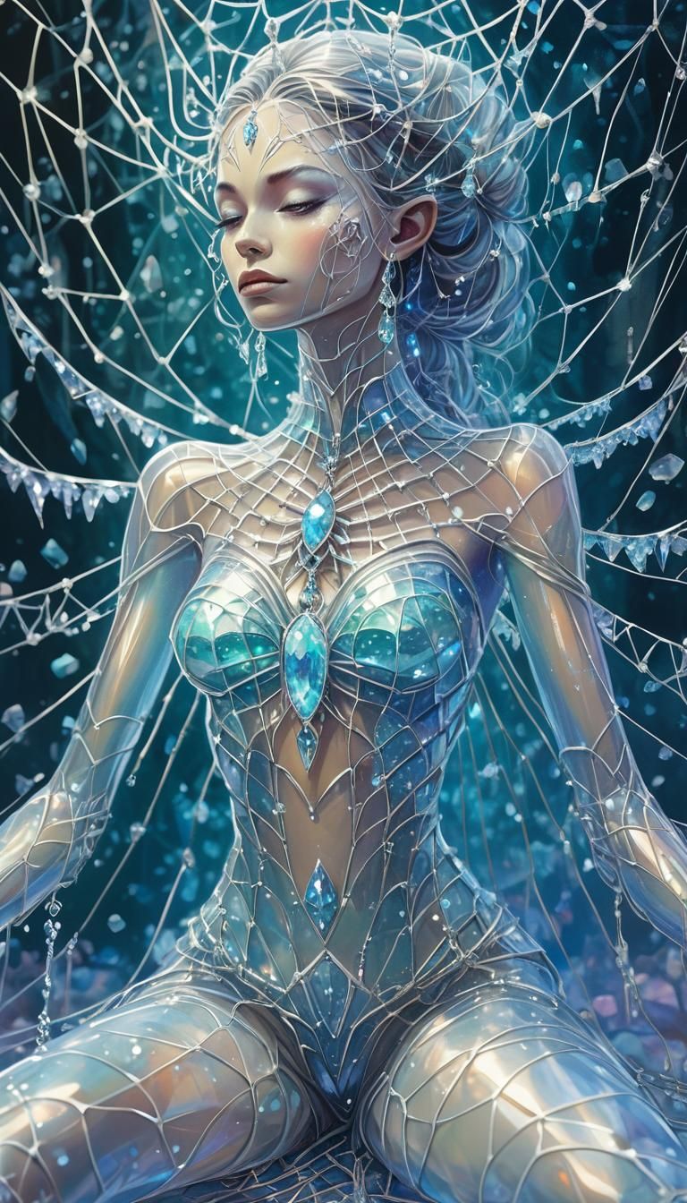 Fantasy crystal spider goddess , shining iridescent exoskeleton, dressed in an intricate web made out of translucent cry...