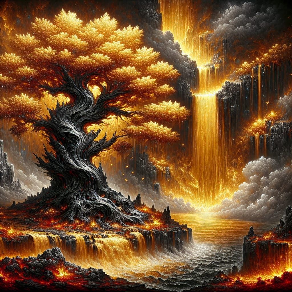 Mystical Black Tree Amidst Golden Waterfall in Fantasy Art