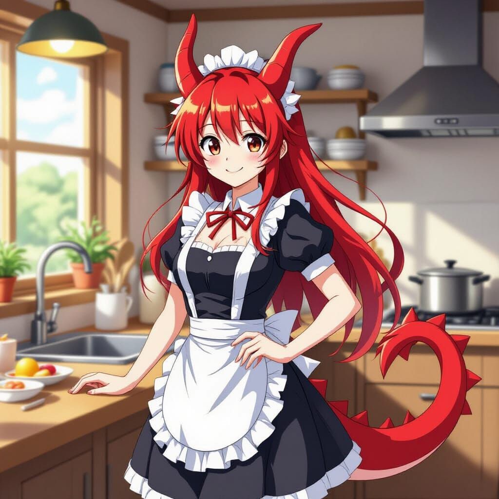 Red Dragon Maid Tohru in Kitchen Anime Style