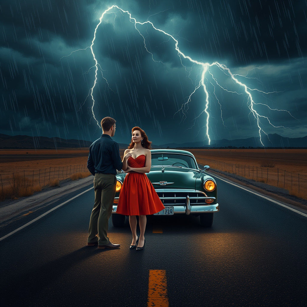 1950s Couple in Storm: Film Noir Digital Art