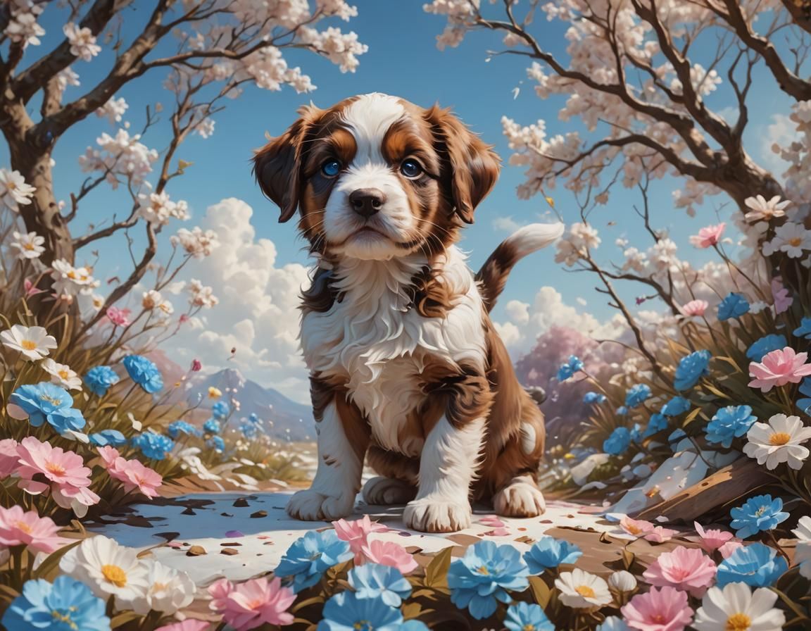 Brown and White Puppy Impasto Painting in 4K