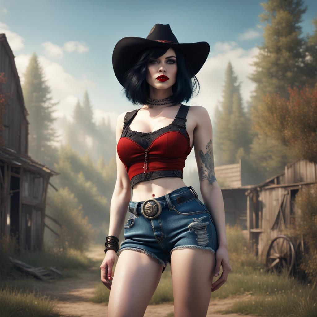 Gothic Cowgirl Portrait in Detailed Matte Painting Style
