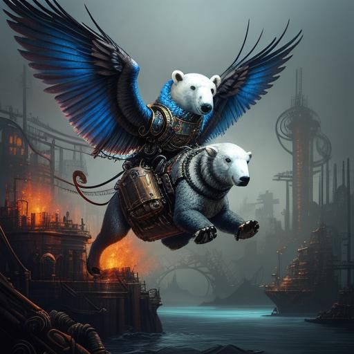 Steampunk Polar Bear Aviator Soaring in Surreal Sky