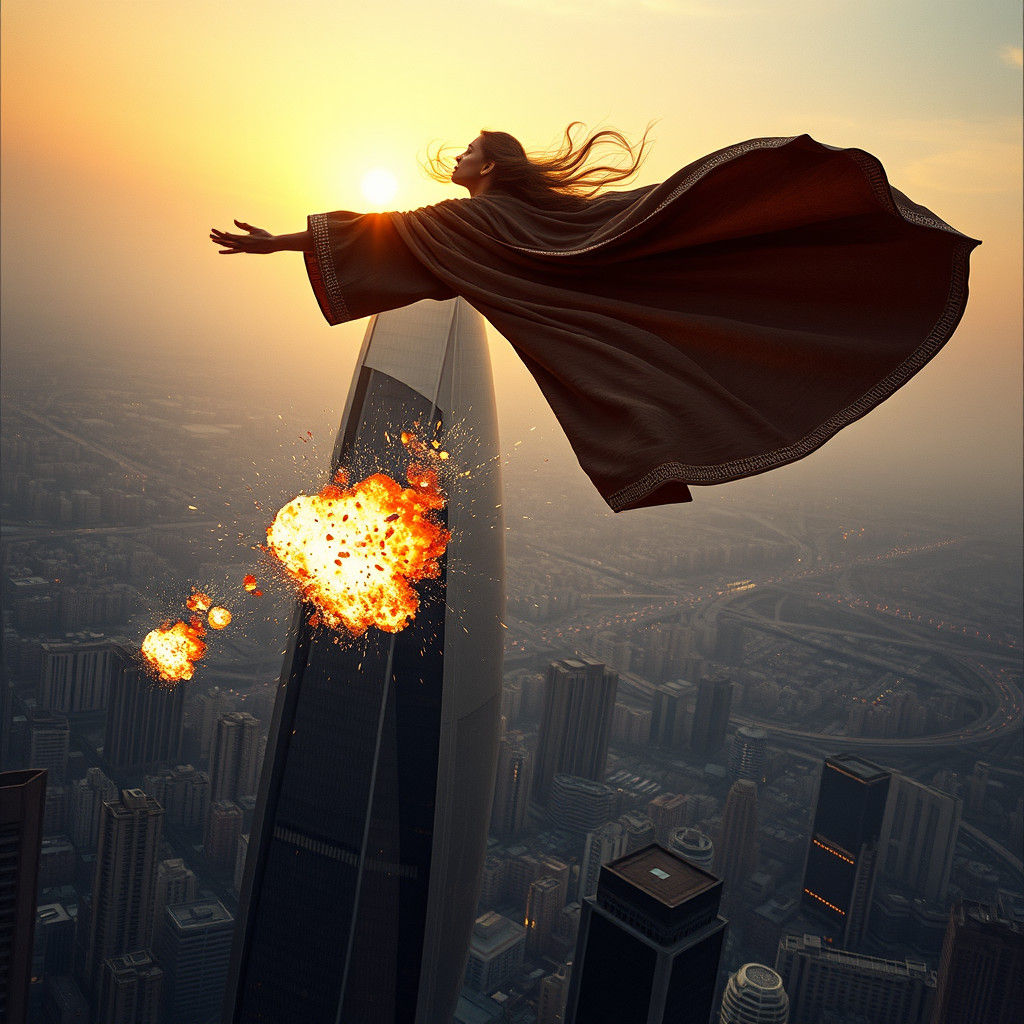 Sorceress Causes Skyscraper Explosion in Hyperrealistic Styl...