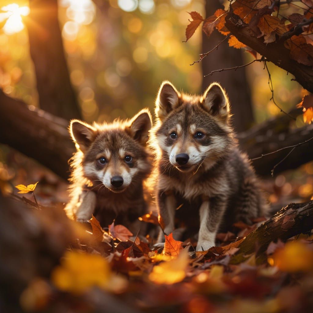 Wolf and Raccoon Puppies Play in Autumn Leaves