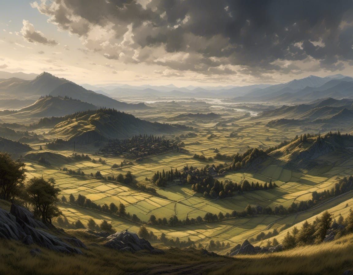 <lora:Shaman Ink:1.0>cel shaded, panoramic view of fields