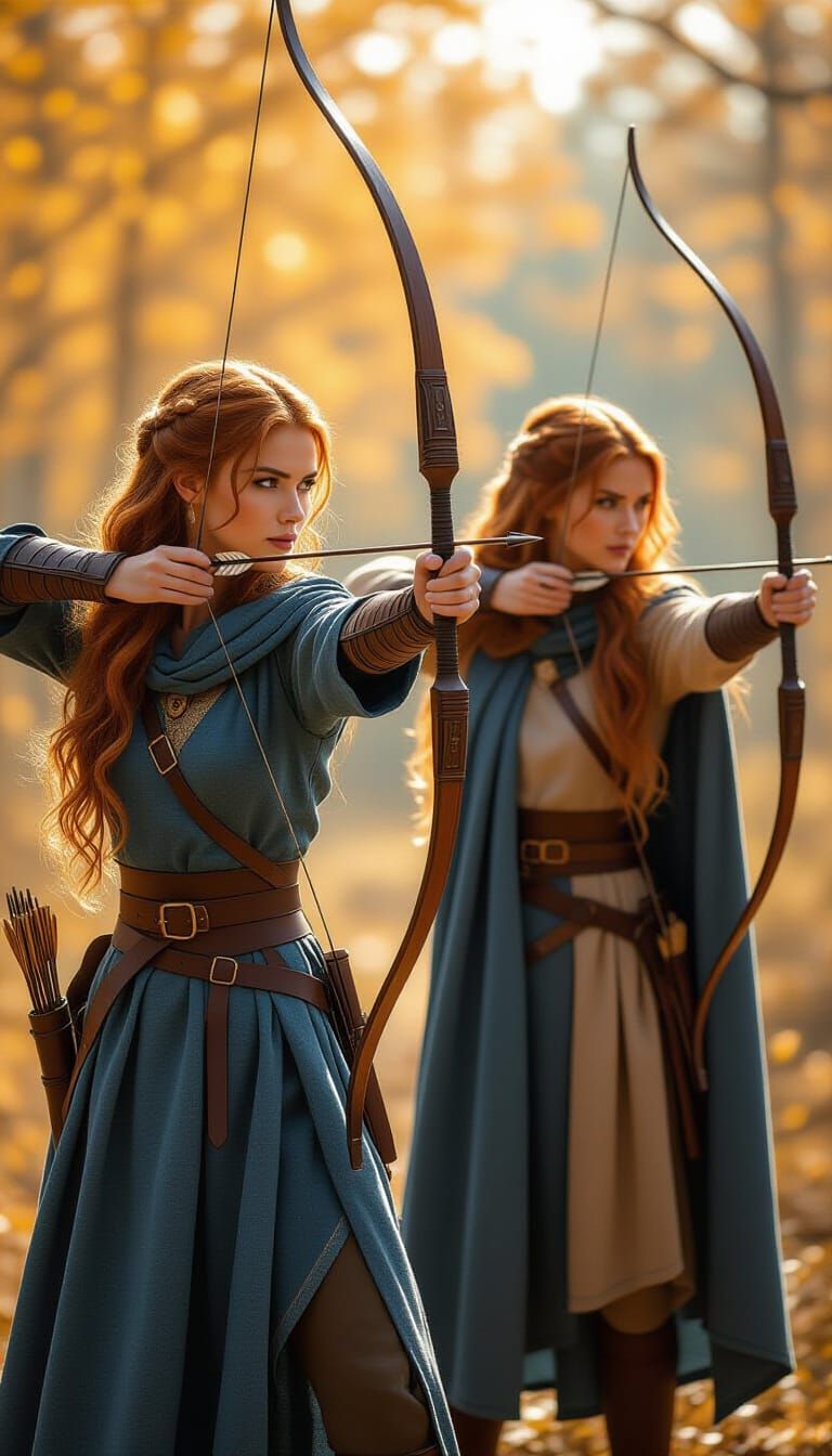 Athletic Female Archers in Sunlit Autumn Forest