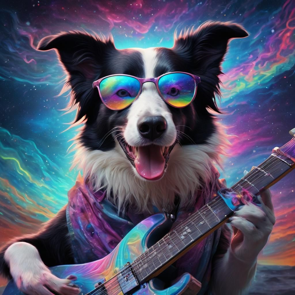 Border Collie Guitarist in Space: a Psychedelic Vision