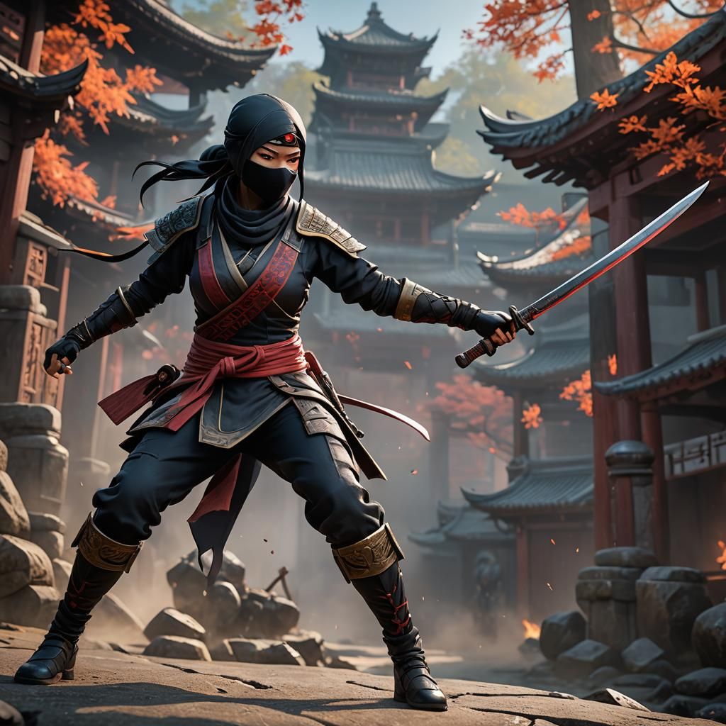 Female Ninja in Battle Stance: Fantasy Art