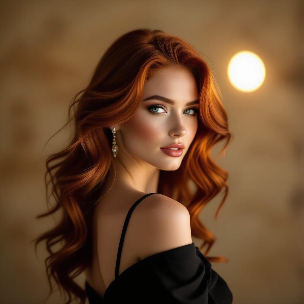 A photograph depicting an elegant, slender red haired woman ...
