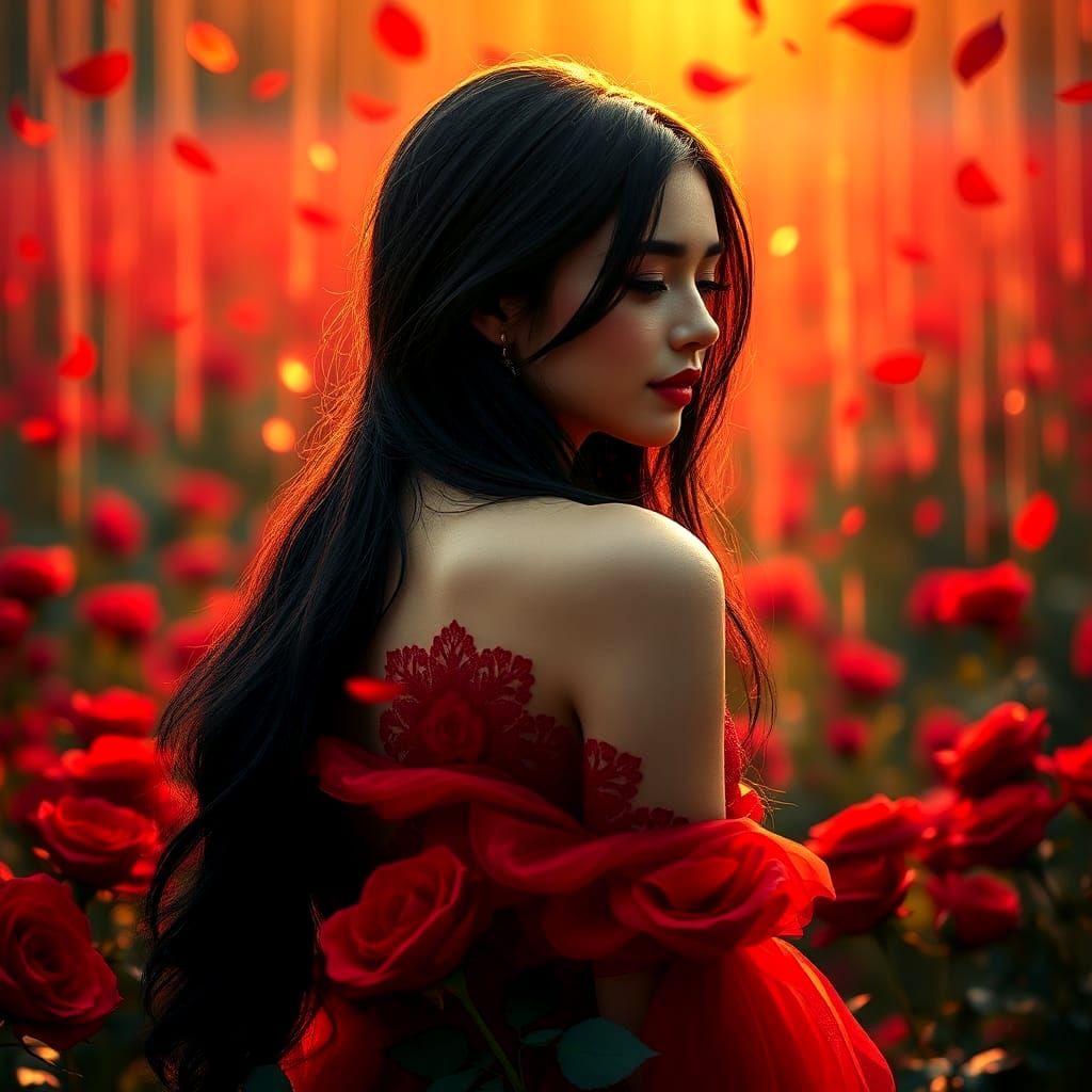 Elegant Woman in Red Rose Field, Art Nouveau