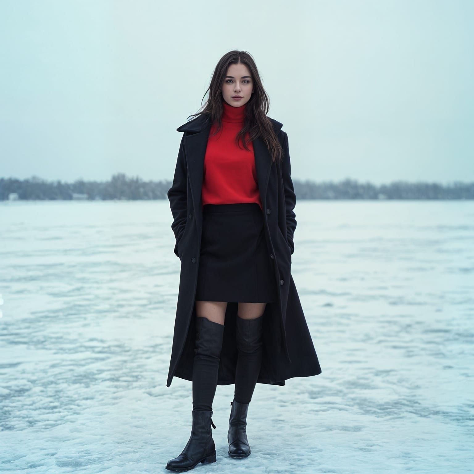 Elegant Woman Stands in Serene Winter Landscape in Cinematic...