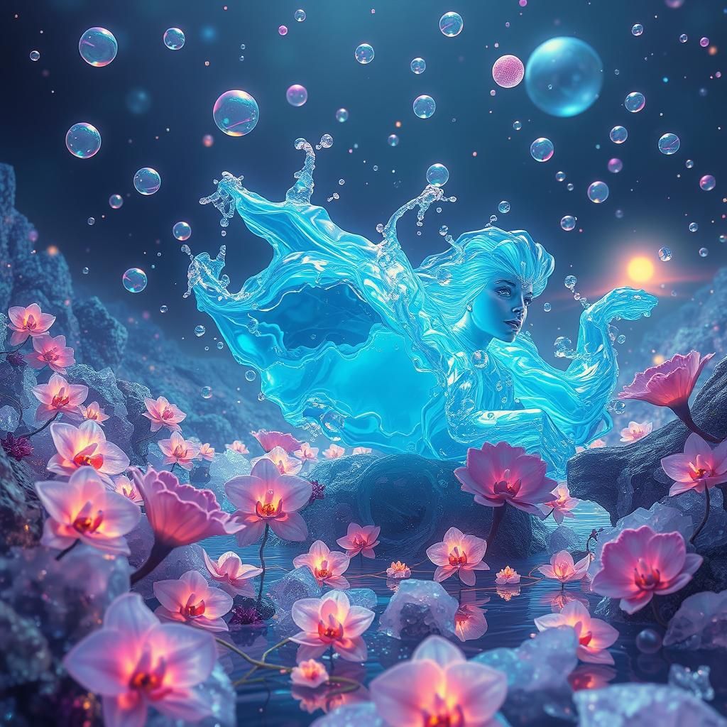 Dreamlike Water Elemental in Bioluminescent Liquid World