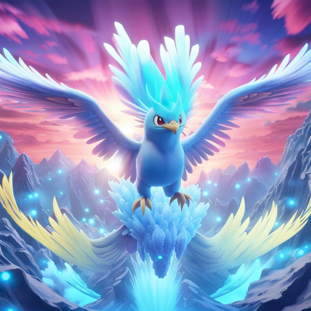 Articuno Pokémon Soaring in Psychedelic 3D Landscape