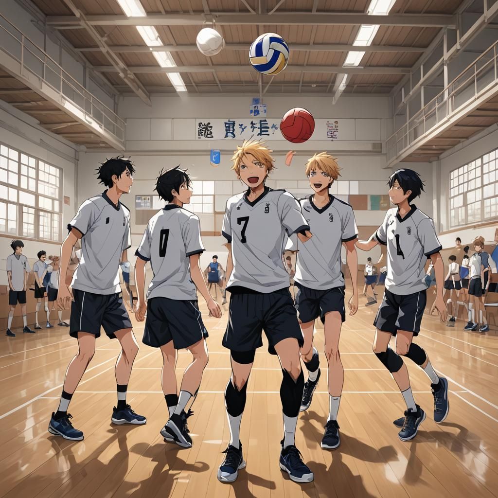 Boys Playing Volleyball in Anime Style School Gym